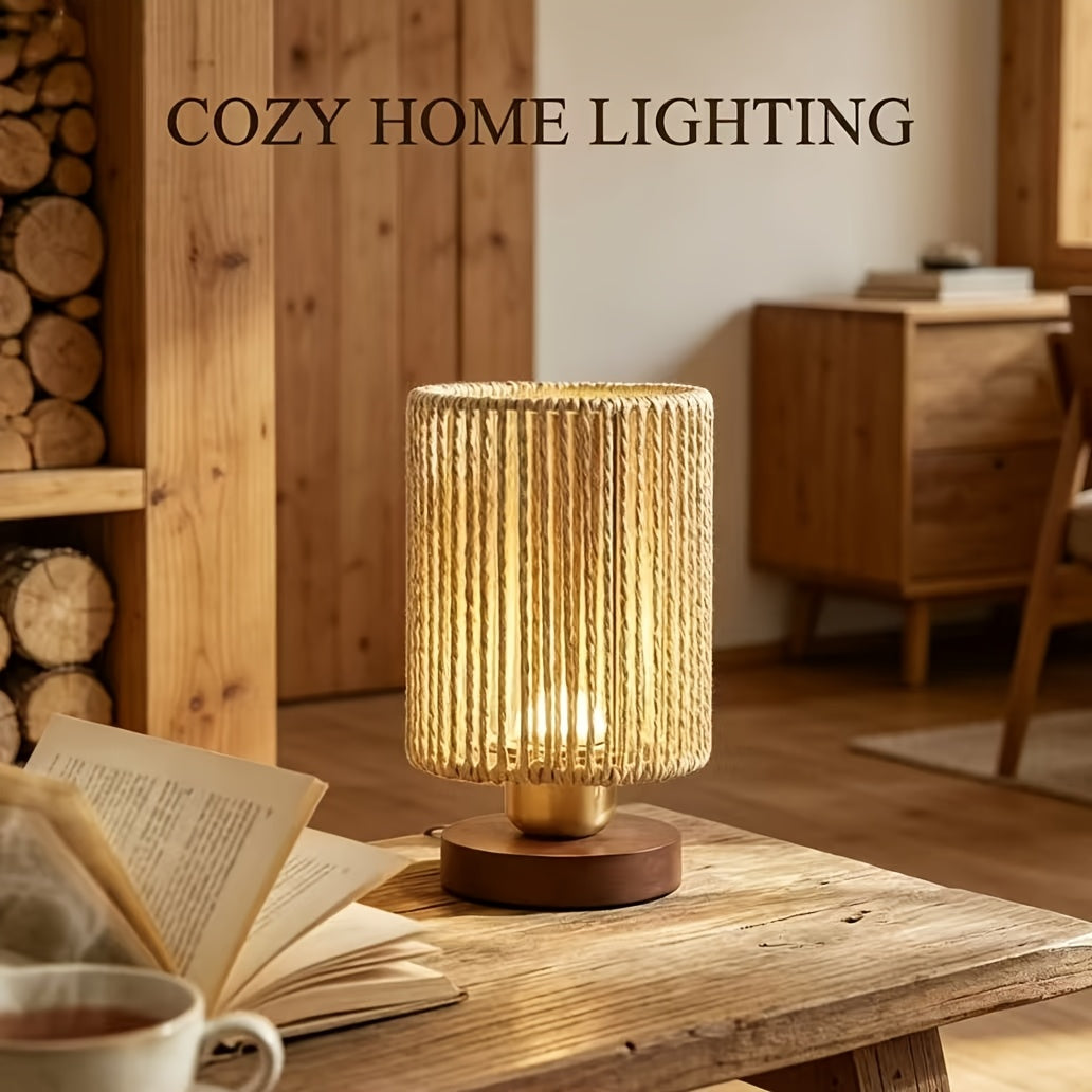 Lampe de chevet cylindre de corde, variateur USB et socle teinte noyer