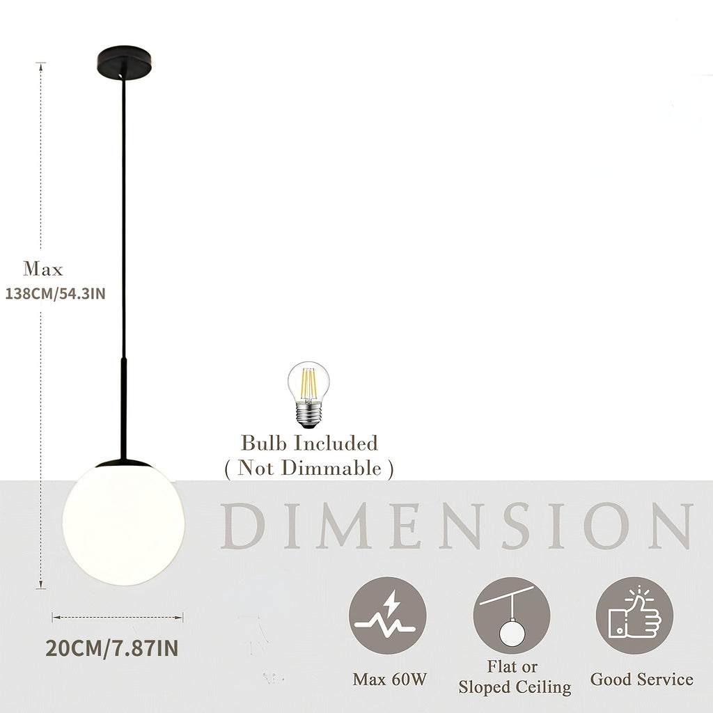Suspension globe en verre opalin blanc, tige noire, Ø 20 cm