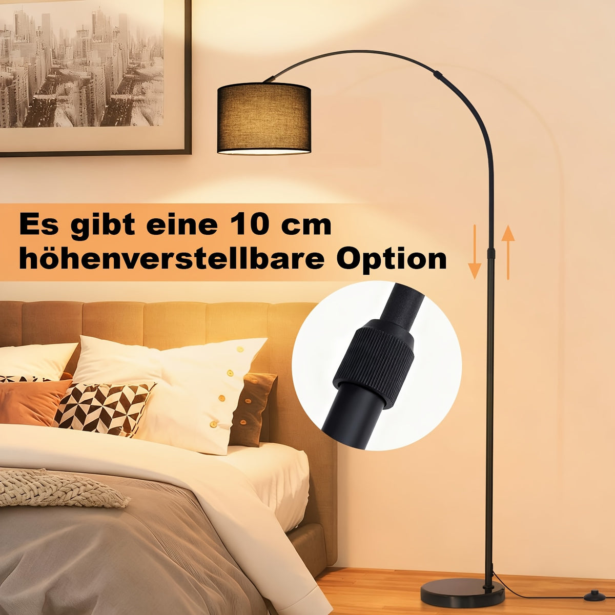 Lampadaire arc noir 181 cm, abat-jour tambour en tissu Ø 30 cm