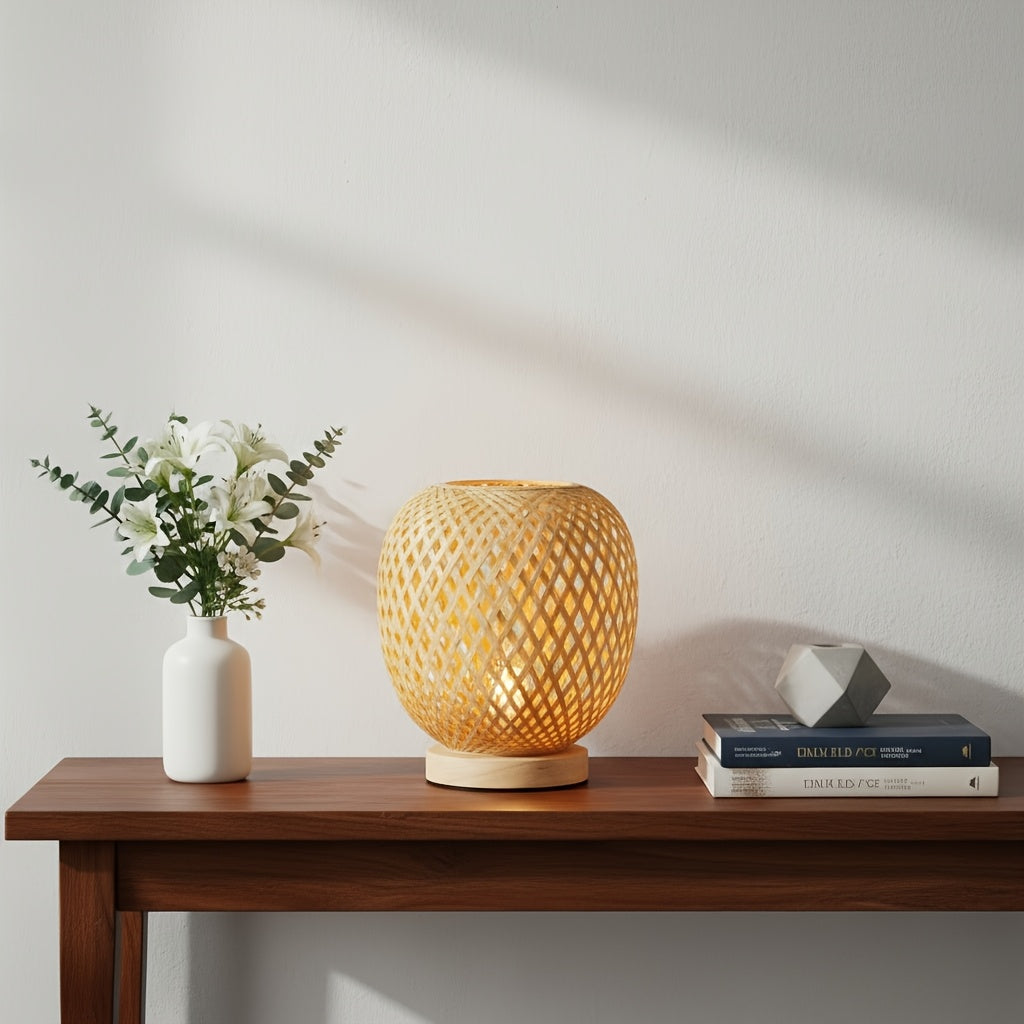 Lampe de chevet en bambou tressé sur socle bois, petit format 16 cm