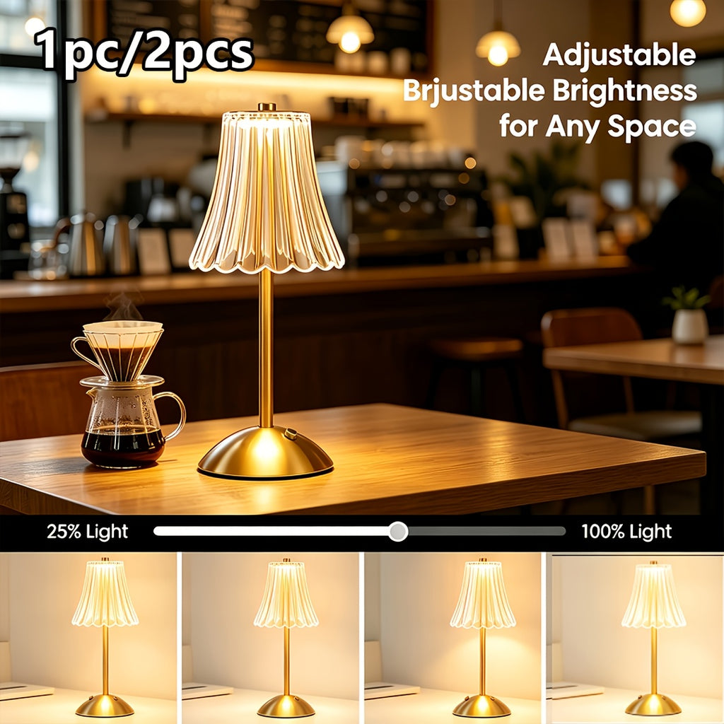 Lampe de chevet sans fil dorée, abat-jour cannelé transparent
