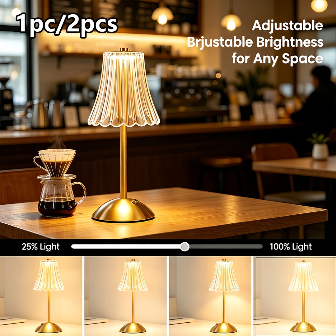 Lampe de chevet sans fil dorée, abat-jour cannelé transparent
