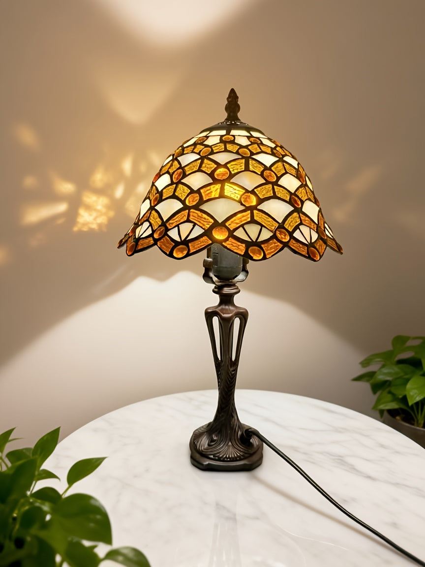 Lampe de table en vitrail ambré et ivoire, pied en résine, E27