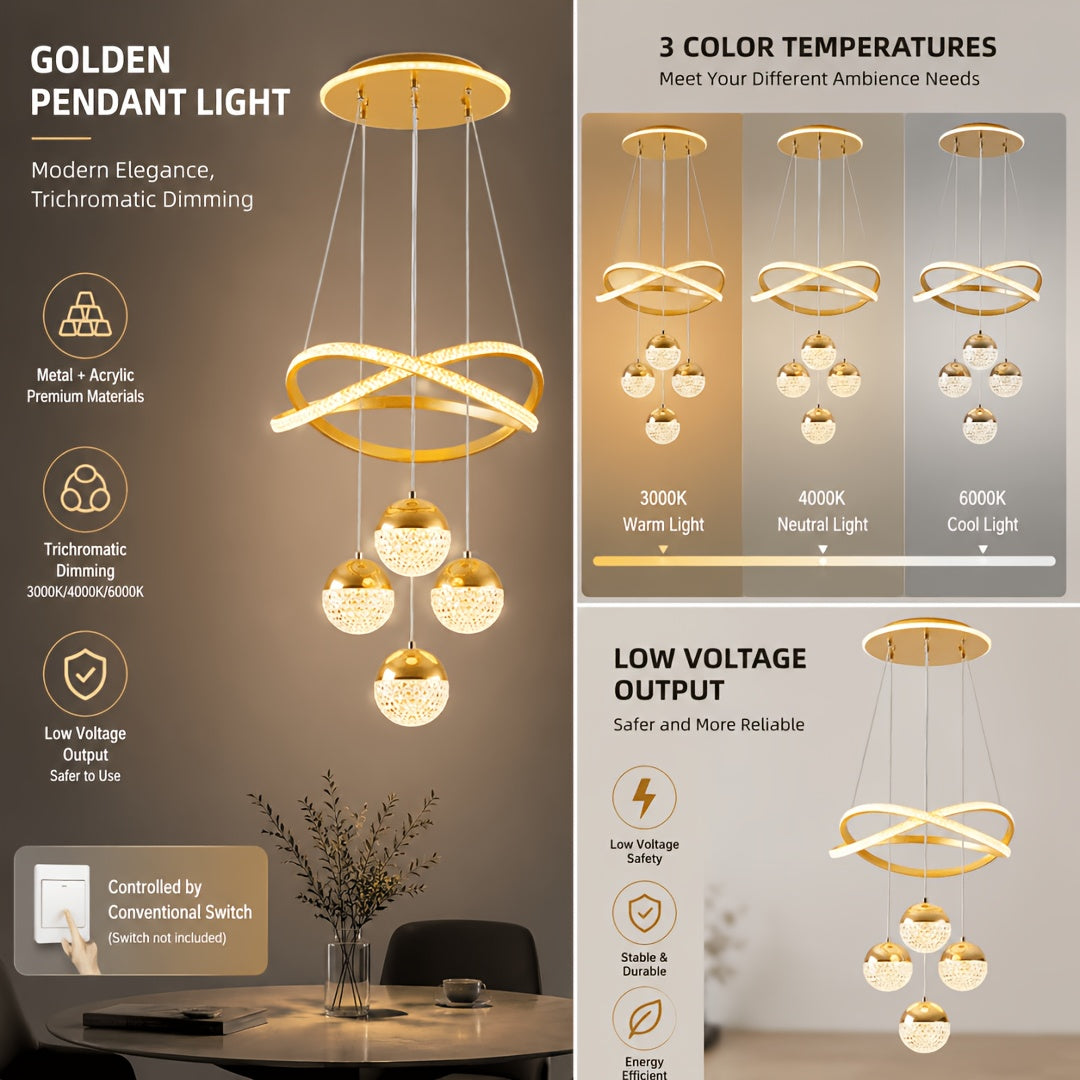 Lustre LED anneaux croisés et trois globes effet cristal, Ø 40 cm