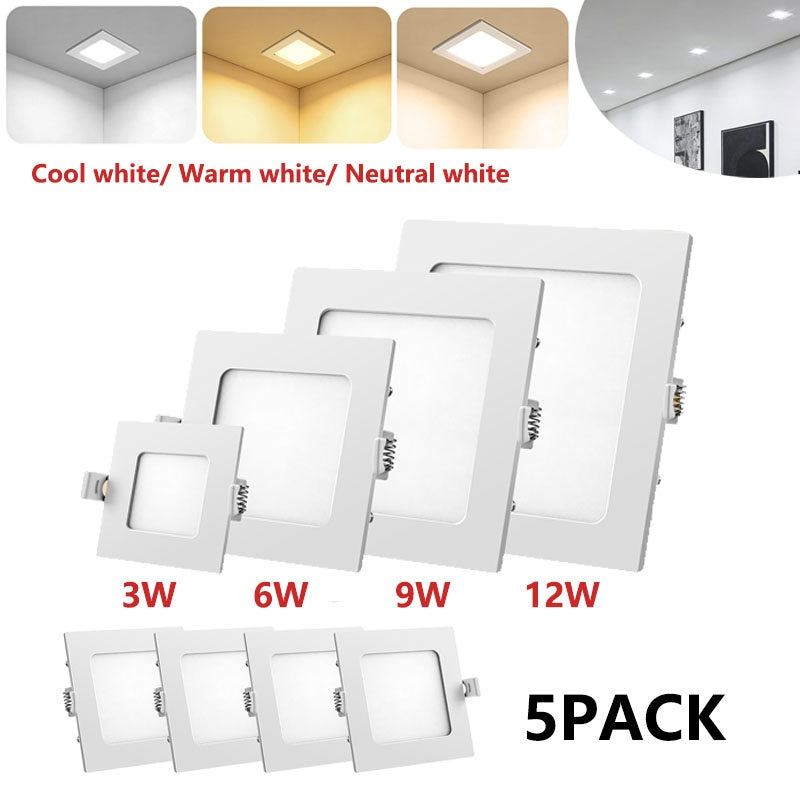 Lot de 5 dalles LED carrées encastrables 3W, 6W ou 9W, extra-plates