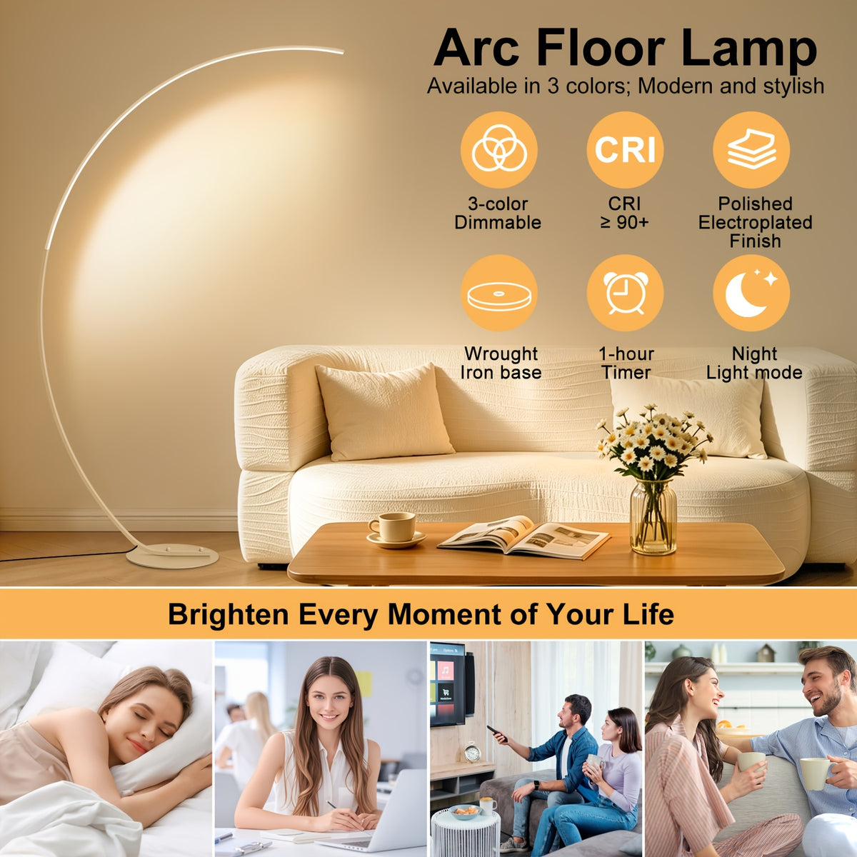 Lampadaire arc LED 165 cm, trois teintes et variateur, doré ou blanc