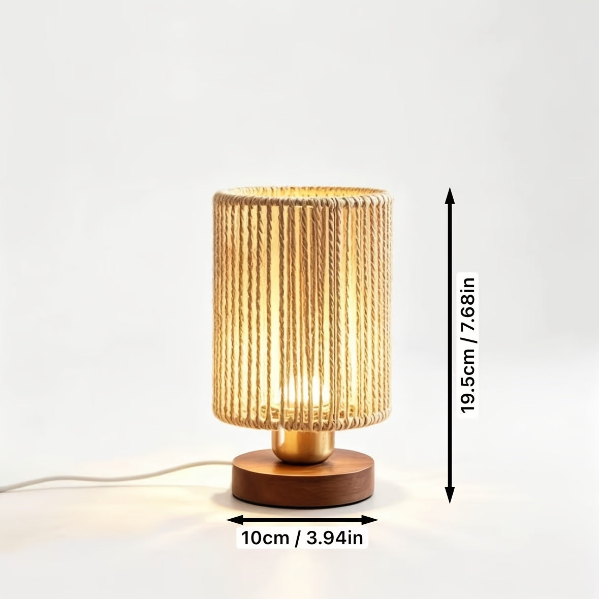 Lampe de chevet cylindre de corde, variateur USB et socle teinte noyer