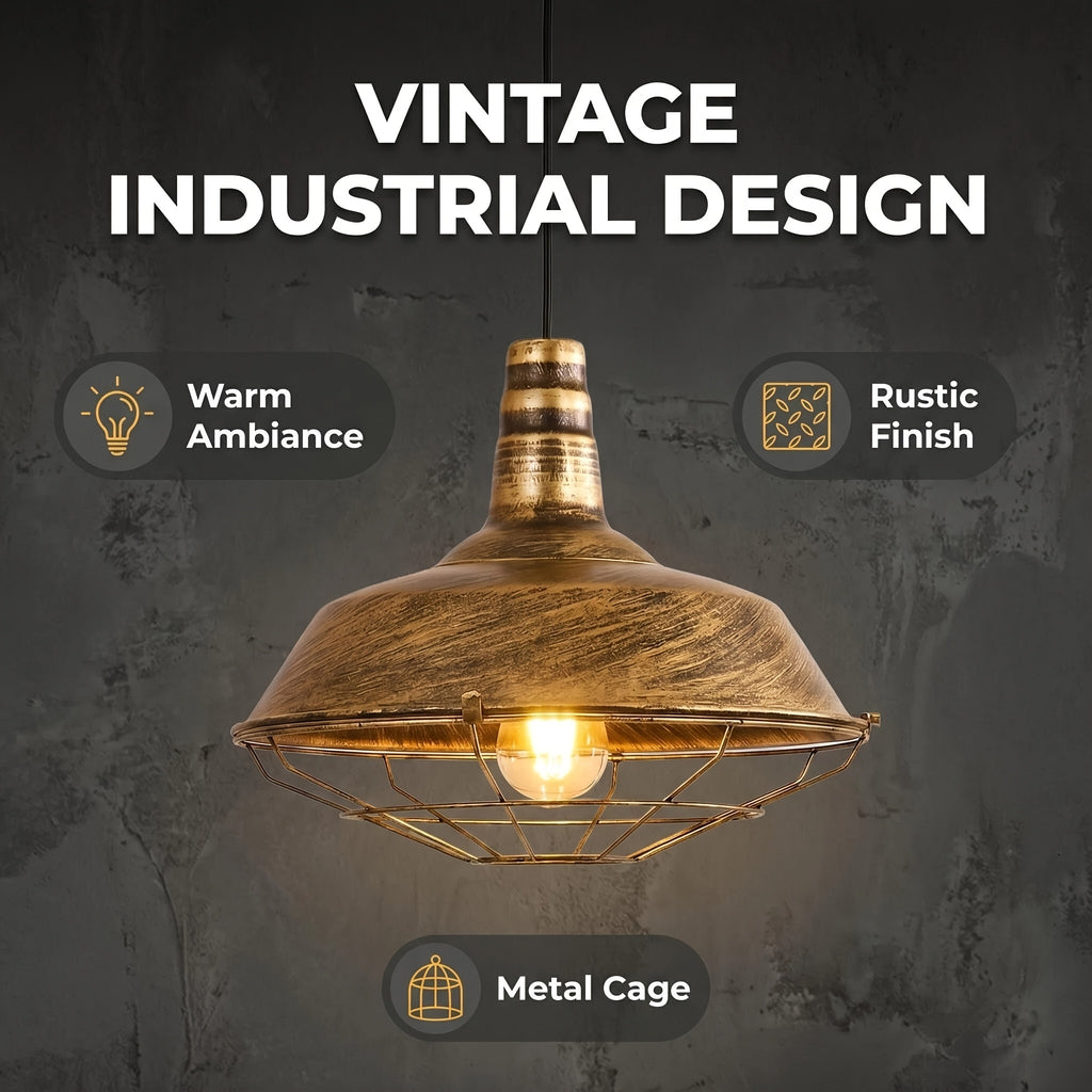 Suspension industrielle à grille, métal doré brossé, Ø 36 cm