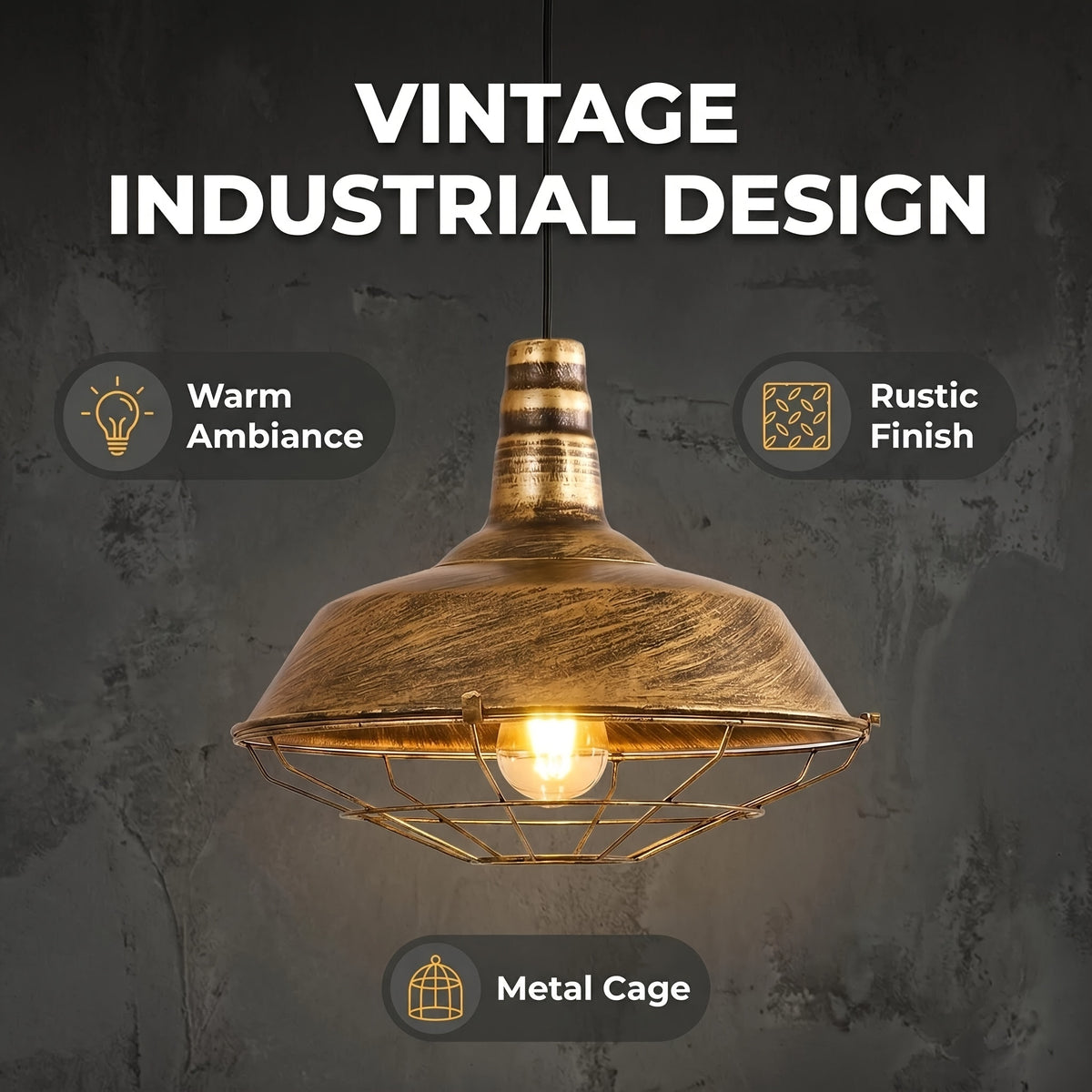 Suspension industrielle à grille, métal doré brossé, Ø 36 cm