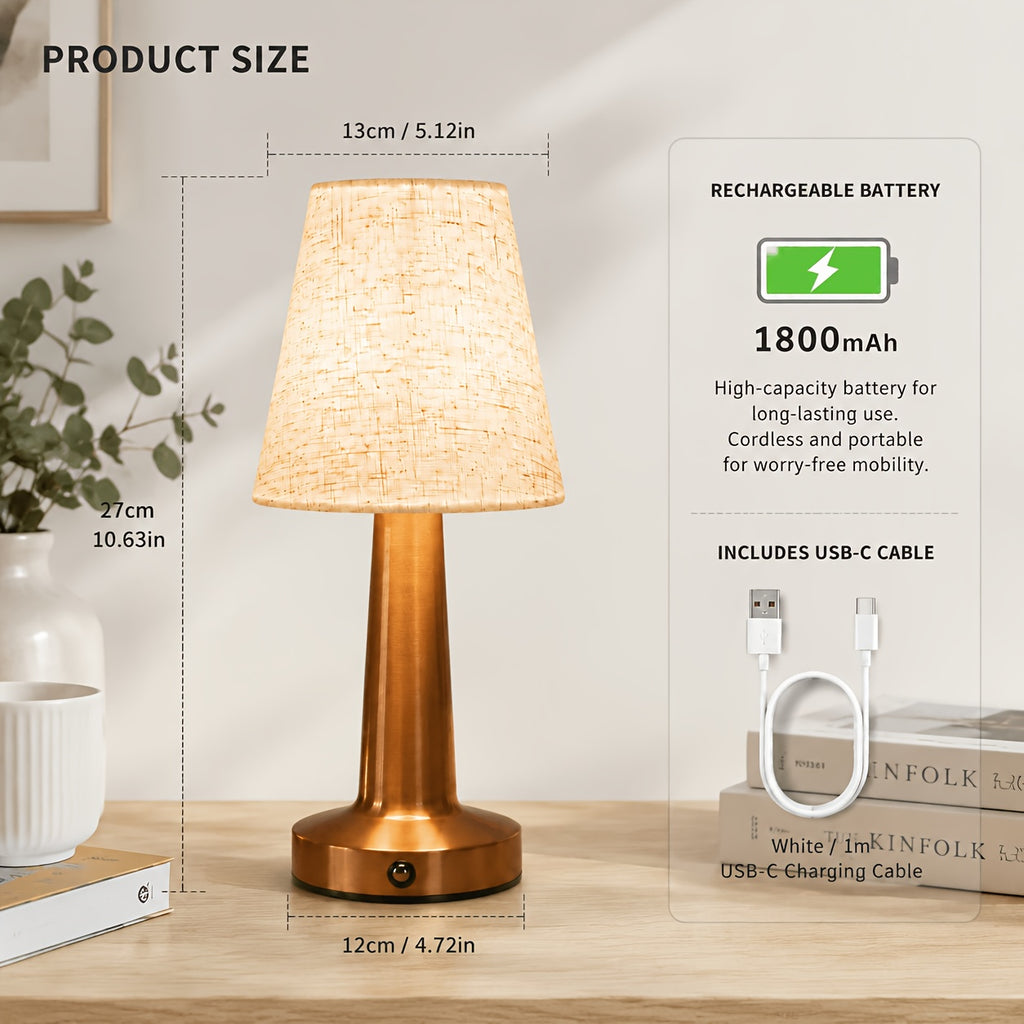 Lampe sans fil à abat-jour en tissu, pied cuivré, argenté ou doré