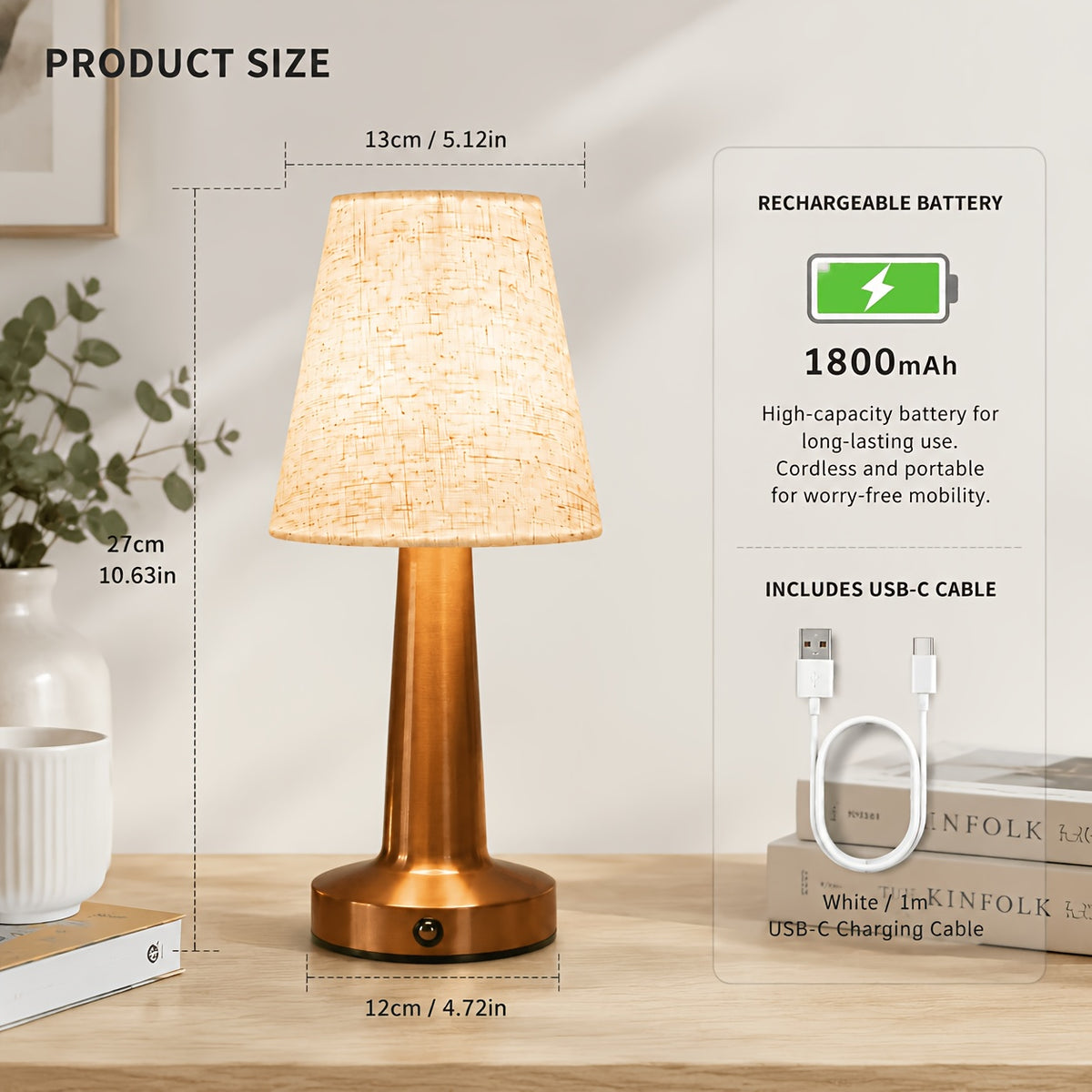 Lampe sans fil à abat-jour en tissu, pied cuivré, argenté ou doré