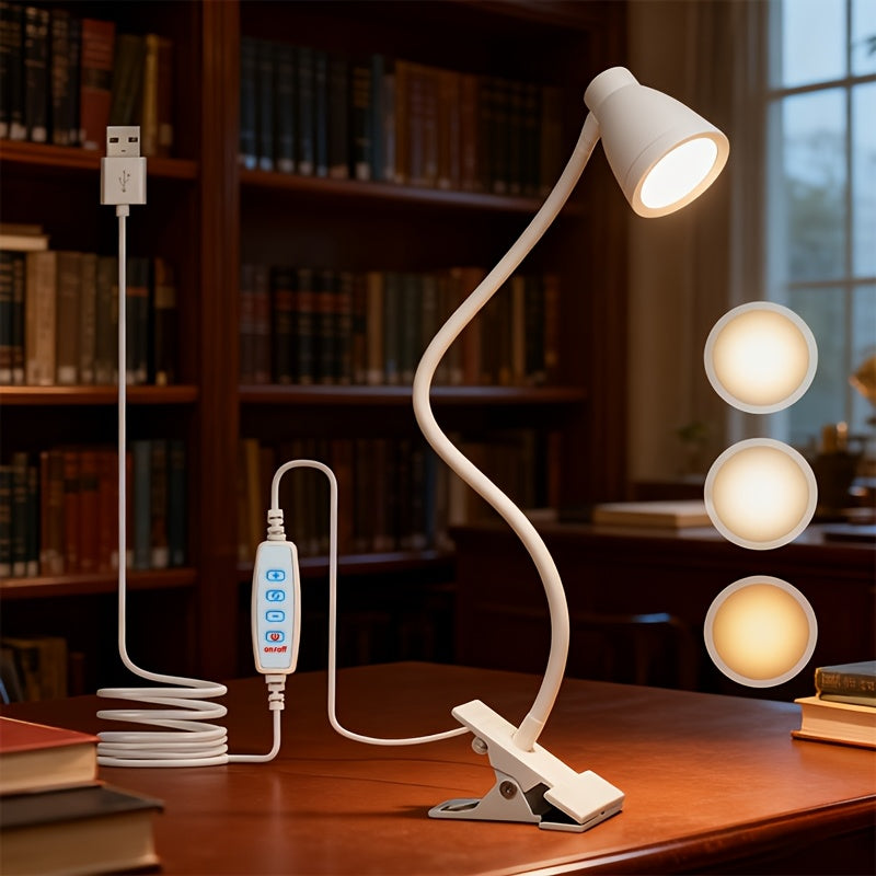 Lampe de bureau à pince blanche à tête conique, câble USB de 157 cm
