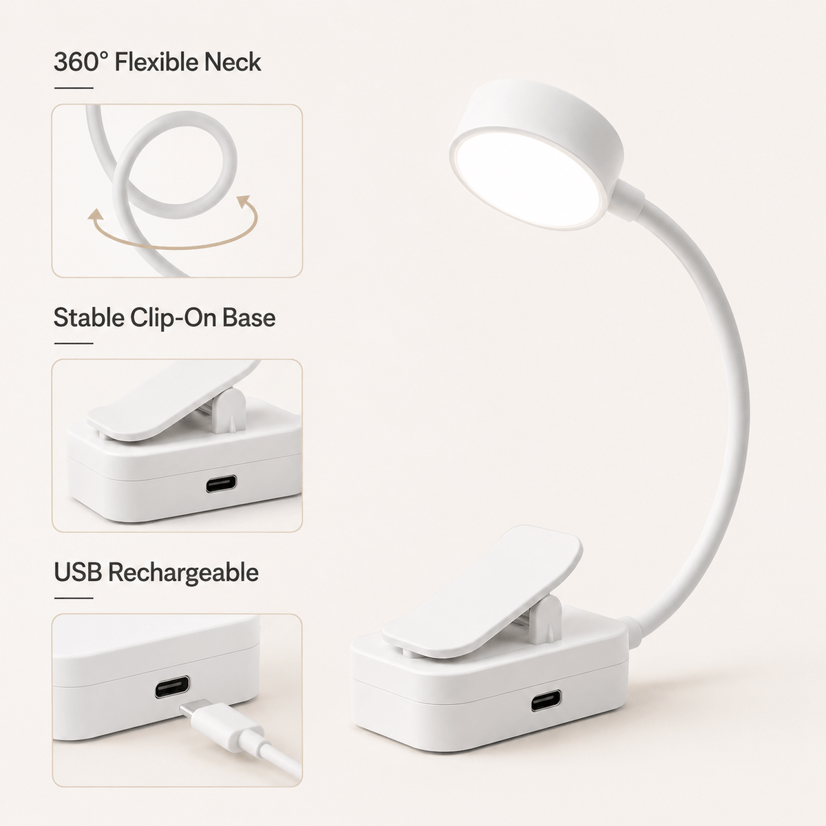 Lot de 2 lampes de lecture à pince, tête ronde et rectangulaire