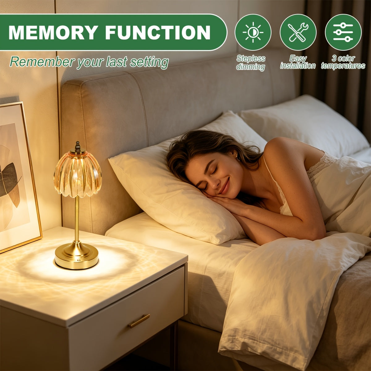 Lampe de chevet sans fil en verre nervuré vert ou orange, pied doré