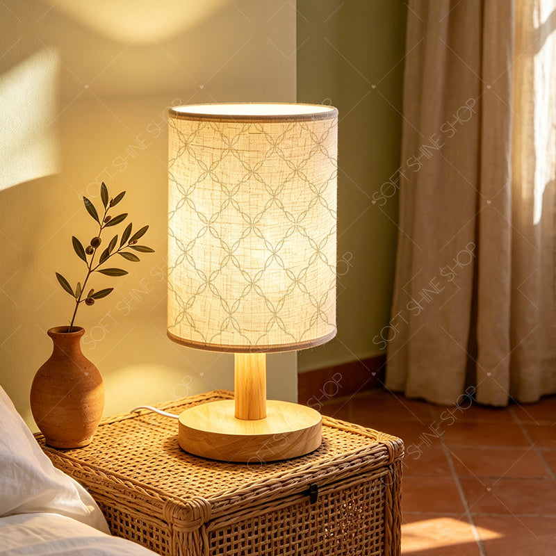 Lampe de table en tissu à motif géométrique, socle effet bois