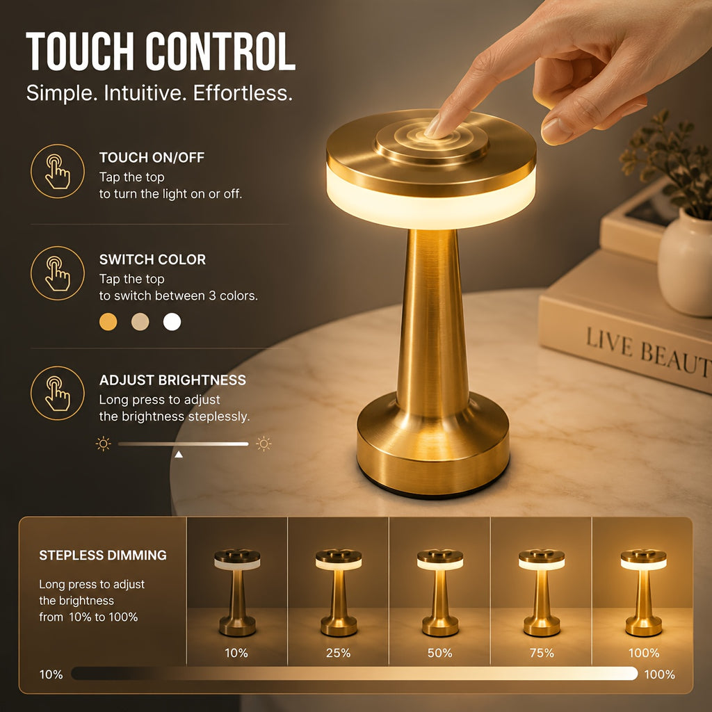 Lampe de table LED sans fil dorée en métal brossé, 3 teintes tactiles