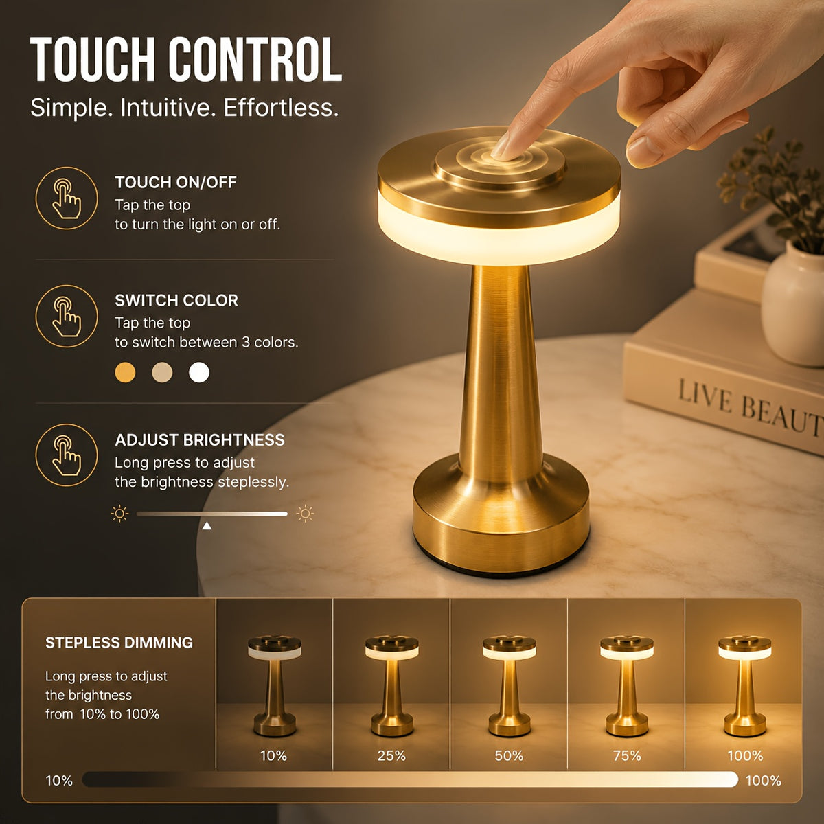 Lampe de table LED sans fil dorée en métal brossé, 3 teintes tactiles
