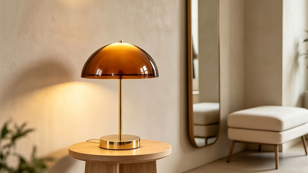 Lampe champignon à dôme ambré translucide et pied doré, 31 cm