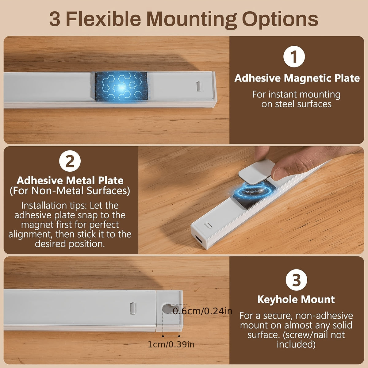 Lot de 3 réglettes LED extra-longues 60 cm à détecteur, sans fil