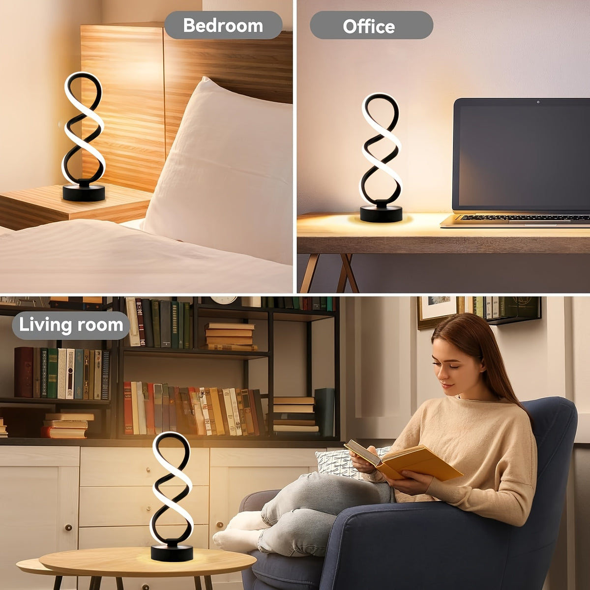 Lampe de bureau LED en double spirale, noire, blanche ou dorée