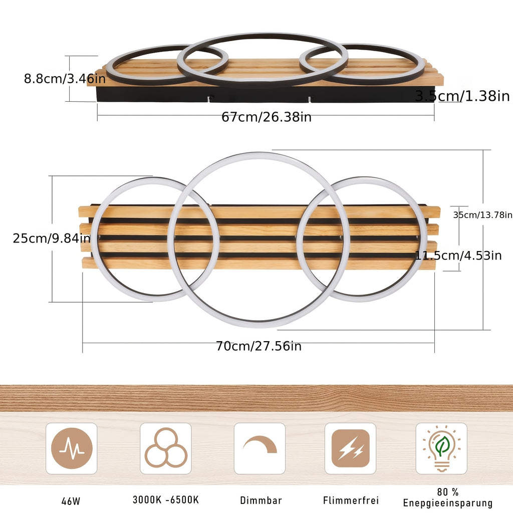 Plafonnier LED en bois à trois anneaux, 70 cm, avec télécommande
