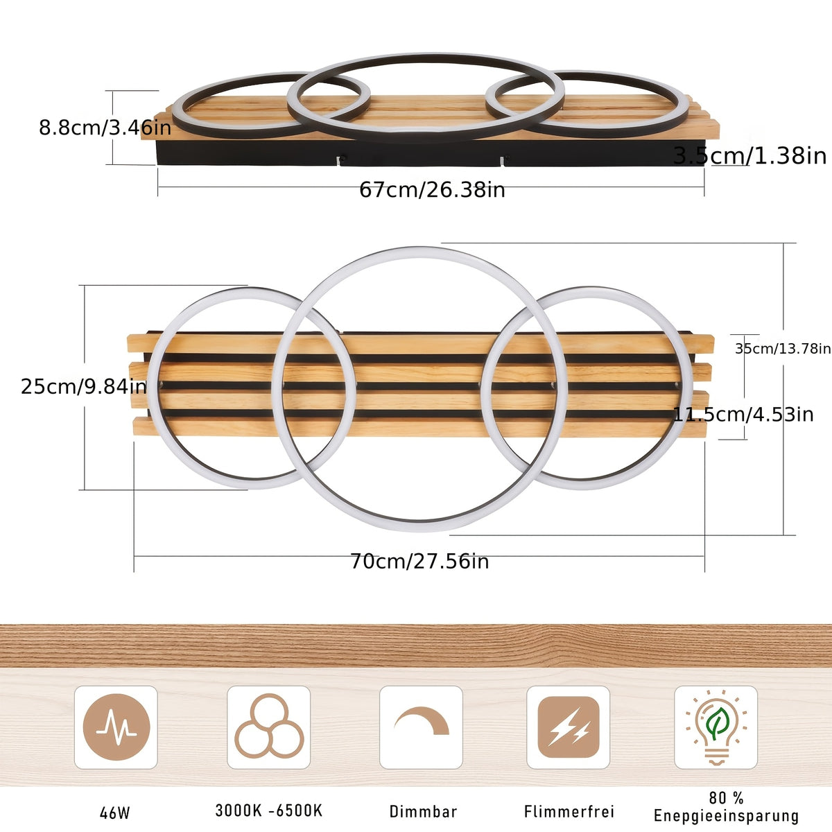 Plafonnier LED en bois à trois anneaux, 70 cm, avec télécommande