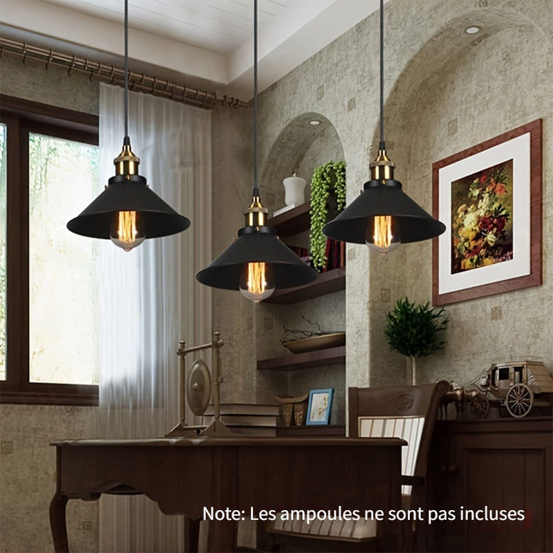 Suspension industrielle conique en métal noir, Ø 22 ou 26 cm