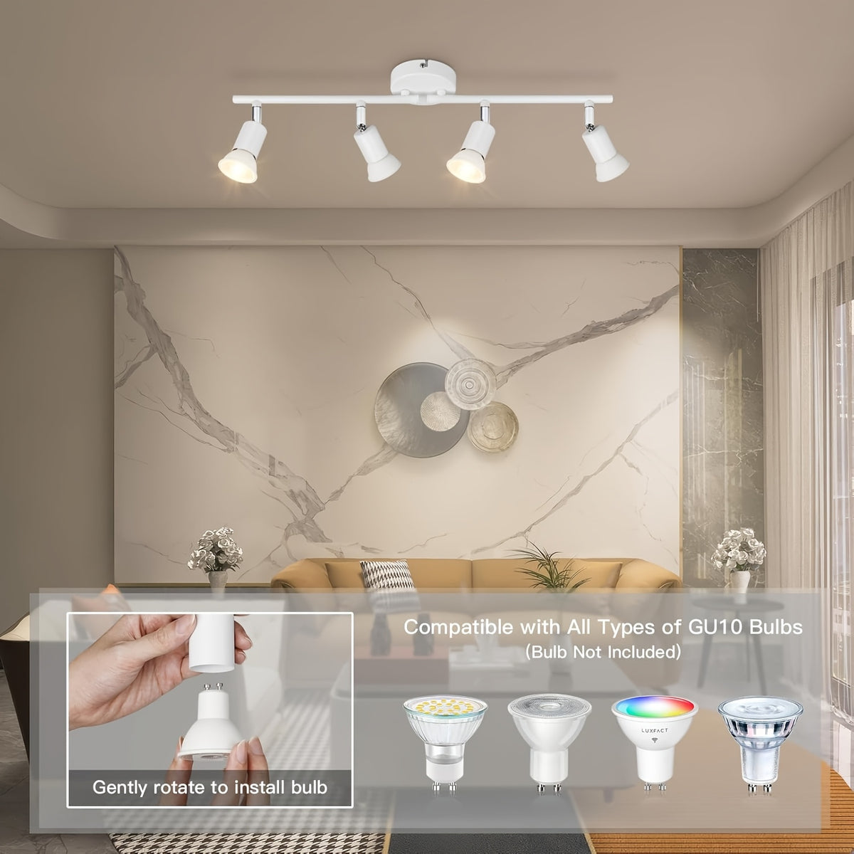 Spot de plafond blanc 4 têtes orientables sur barre de 62 cm, GU10