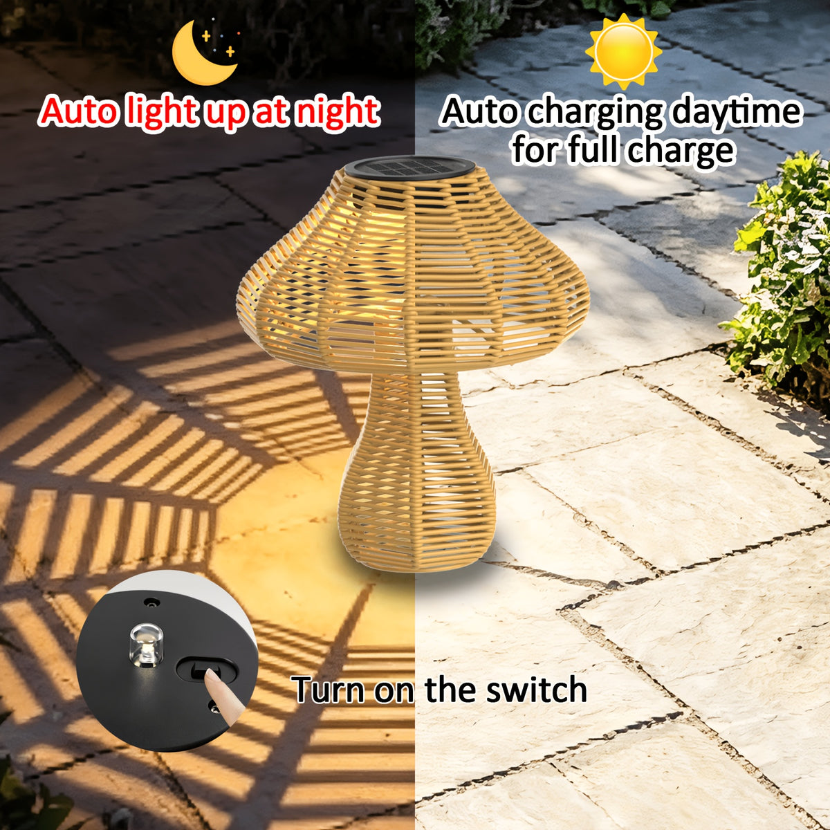 Lampe champignon solaire d'extérieur effet rotin, 24 cm de haut