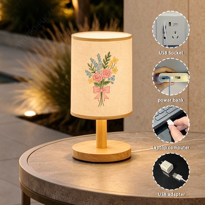 Lampe de chevet USB à bouquet de roses et nœud rose, tissu crème